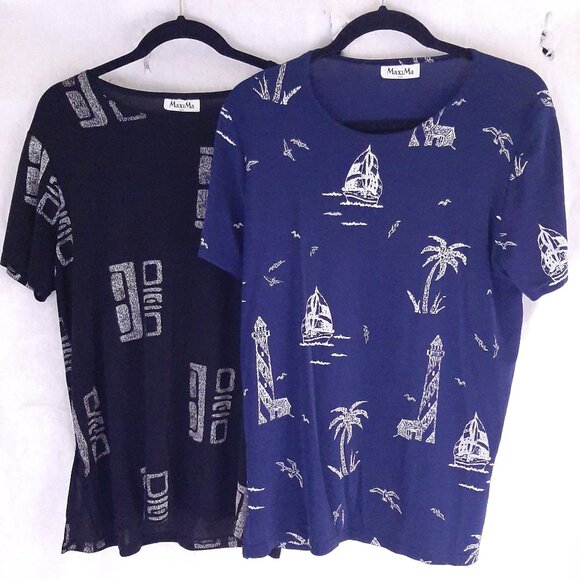 MaxiMa 2 Sz M Short Sleeves Shirts Blue & Black Nautical & Abstract stretch airy - Picture 1 of 13